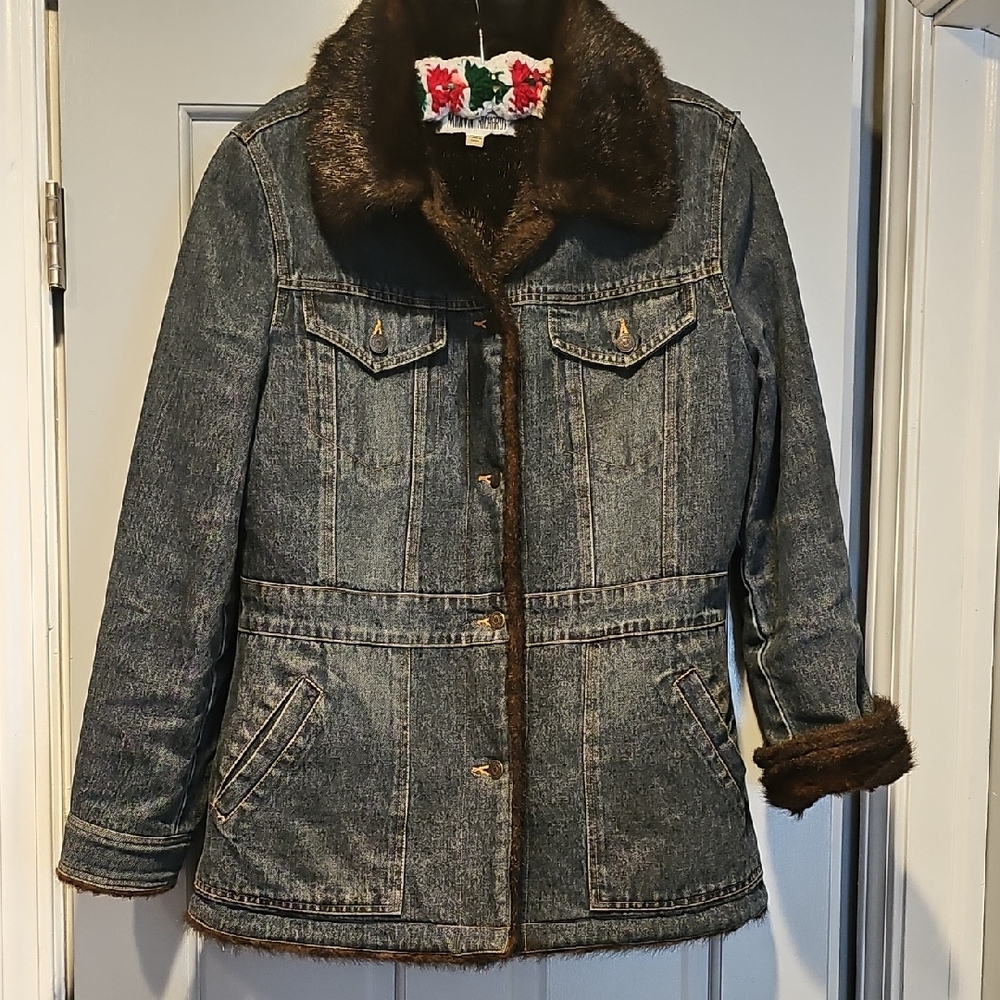 Marvin Richards Blue Denim Jacket Brown Faux Fur Jacket Large Coat Long Jean